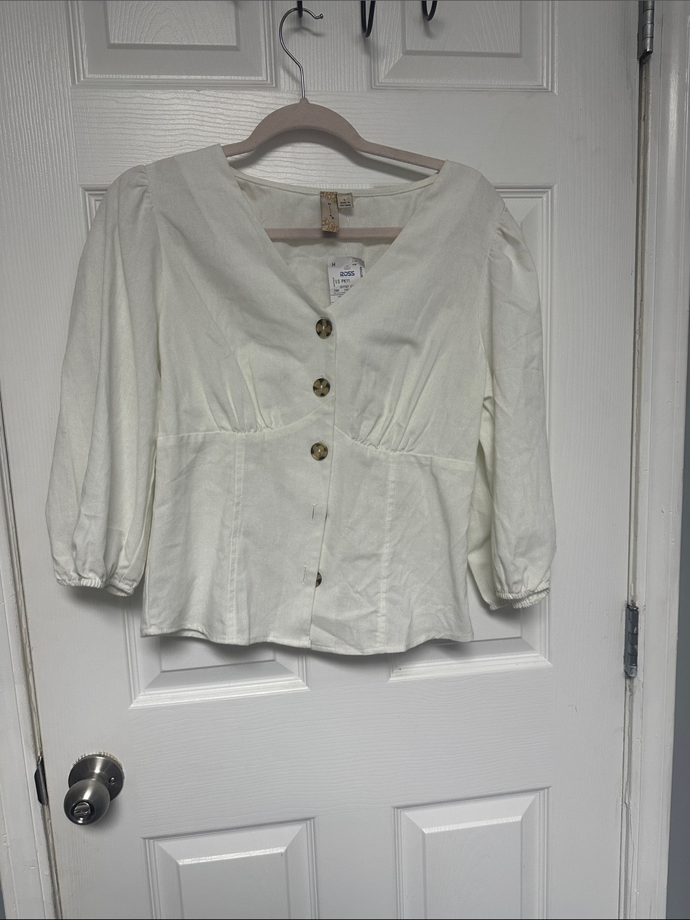 Misia Cream Button-Front Peplum Blouse with Puff Sleeves